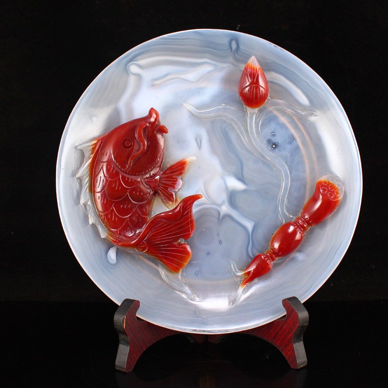 Chinese Agate Low Relief Lotus Flower & Carp Plate (1 of 8)