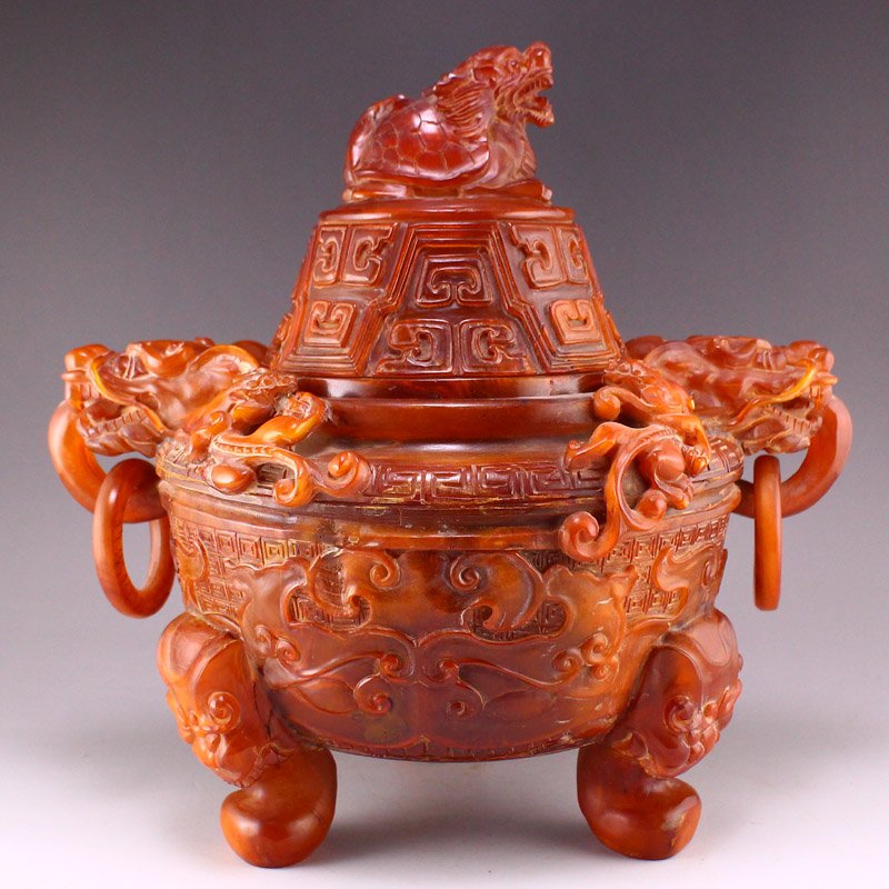 Qing Dy Ox Horn Double Dragon Rings Incense Burner (1 of 12)