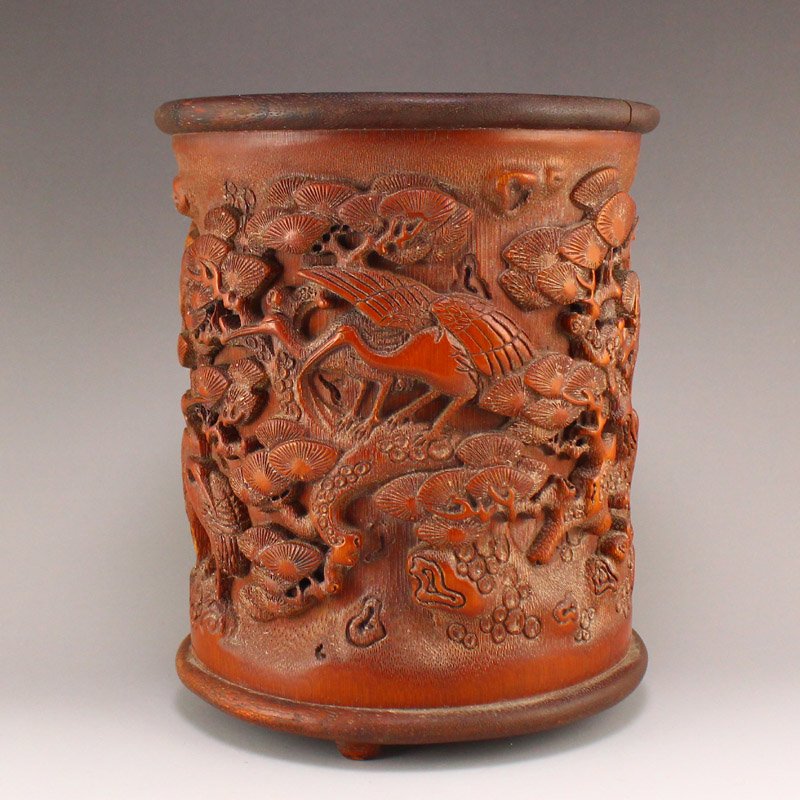 Vintage Bamboo Carved Pine Tree & Crane Brush Pot (1 of 7)