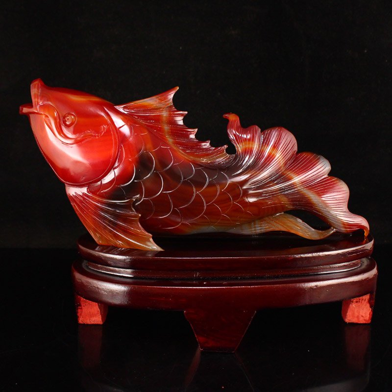 Chinese Red Agate Fortune Fish Statue w Certificate: Chinese Red Agate Fortune Fish Statue w Certificate Dimension: 248 x 110 x 50(mm) 9.76 x 4.33 x 1.97(inches) Weight: 2.09 lbs/949.71 g The total weight does not include the base. The base is included 