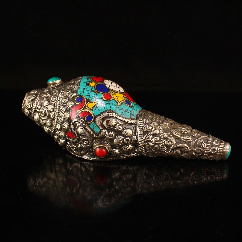 Tibetan Buddhist Silver Inlay Turquoise Prayer Trumpet (1 of 7)