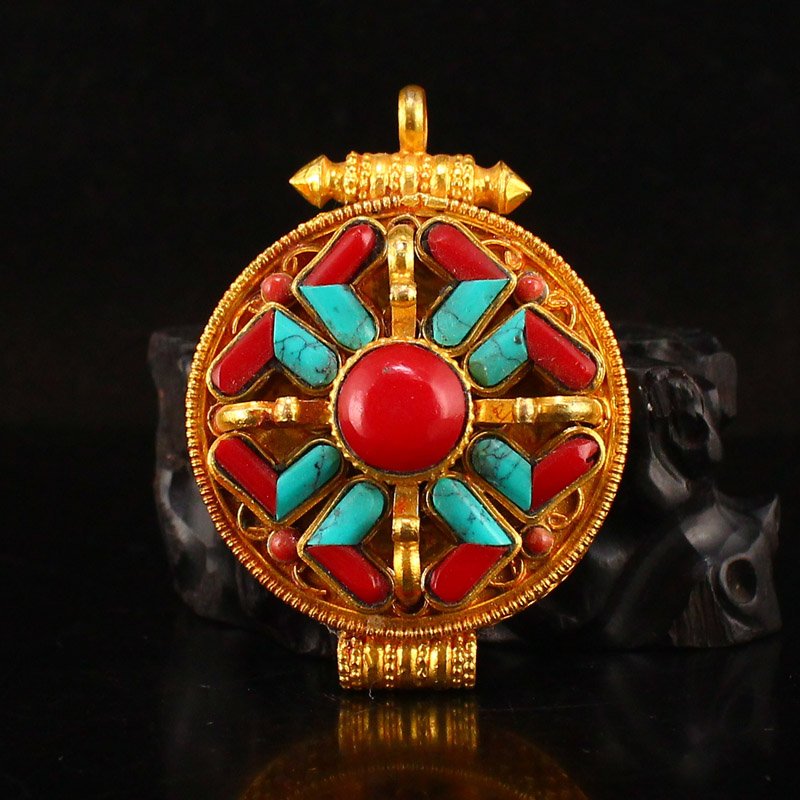Tibetan Copper Gilt Gold Inlay Gemas Pendant (1 of 6)