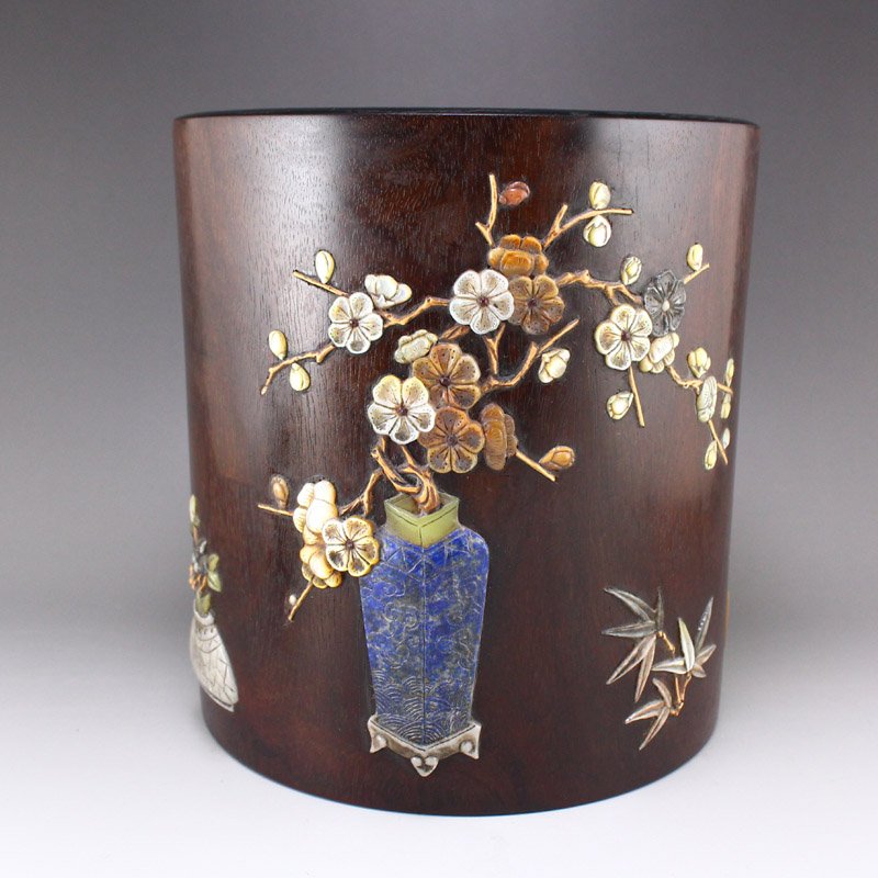 Vintage Chinese Zitan Wood Inlay Shell Brush Pot: Vintage Chinese Zitan Wood Inlay Shell Brush Pot Dimension: 163 x 150 x 150(mm) 6.42 x 5.90 x 5.90(inches) Weight 2.93 lbs/1329 g