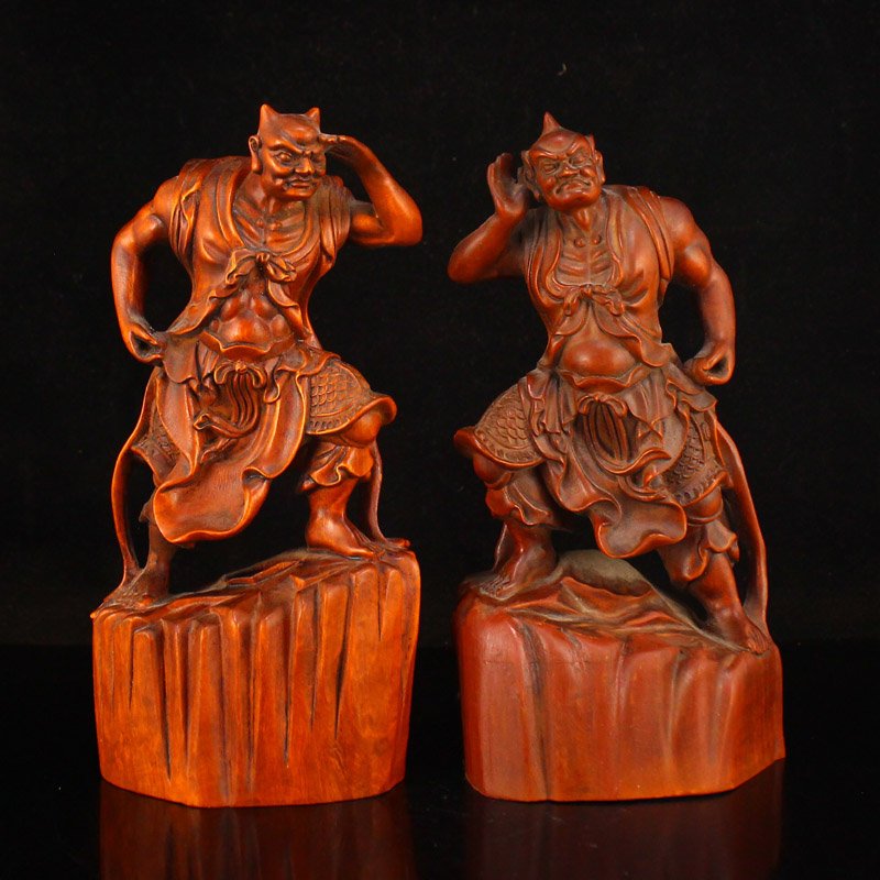 A Pair Boxwood Wood Carved Mythology Figure Statues (1 of 9)