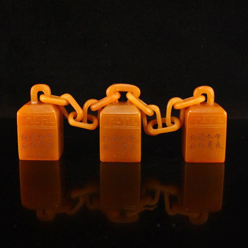 Three Chinese Tianhuang Stone Braced Chain Seals: Three Chinese Tianhuang Stone Braced Chain Seals Dimension: 29 x 29 x 54(mm) 1.14 x 1.14 x 2.13(inches) Weight 0.65 lbs/293 g