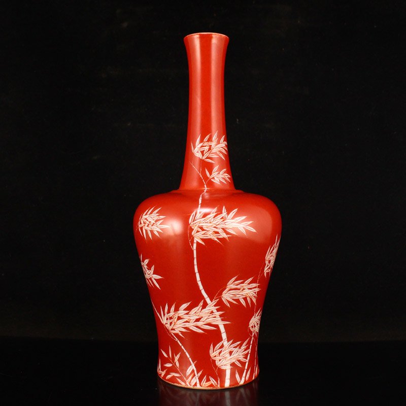 Chinese Red Glaze Bamboo Design Porcelain Vase (1 of 7)