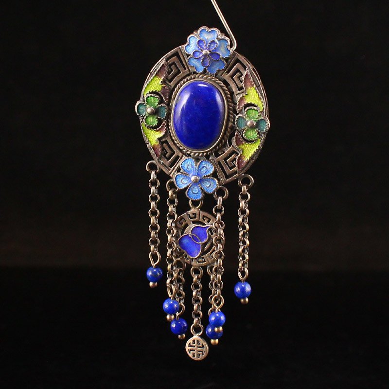 Pure Silver Enamel Inlay Natural Lapis Lazuli Pendant (1 of 6)