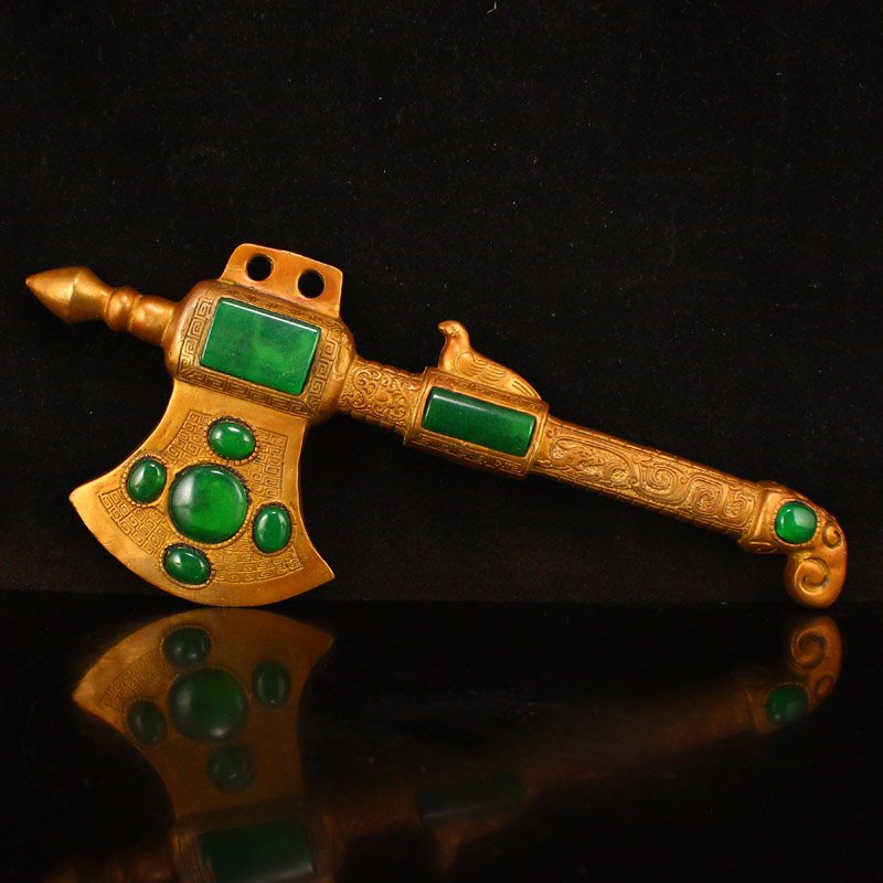 Gilt Gold Red Copper Inlay Green Jade Axe Statue (1 of 6)