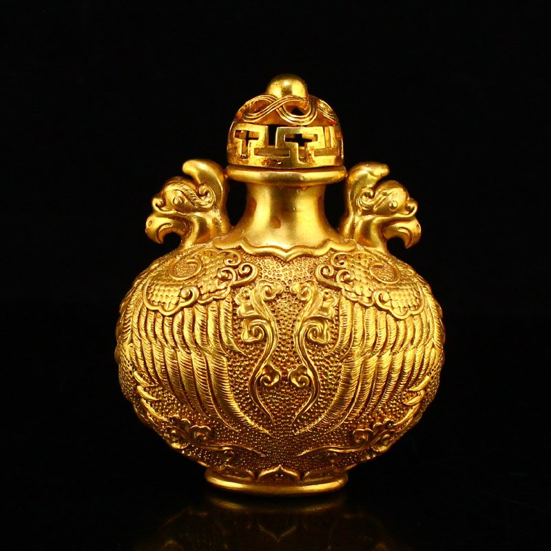 Gilt Gold Red Copper Double Phoenix Snuff Bottle (1 of 7)