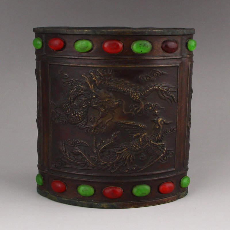 Vintage Red Copper Inlay Gem Dragon Phoenix Brush Pot (1 of 9)