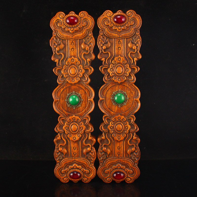 A Pair Chinese Huali Wood Inlay Gem Ruyi Paperweights (1 of 5)