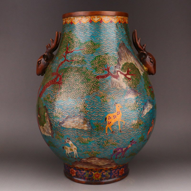 Red Copper Cloisonne Deer Head Double Ears Big Pot (1 of 9)