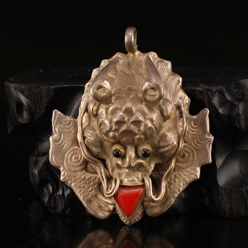 Vintage Pure Silver Inlay Coral Dragon Head Pendant (1 of 6)