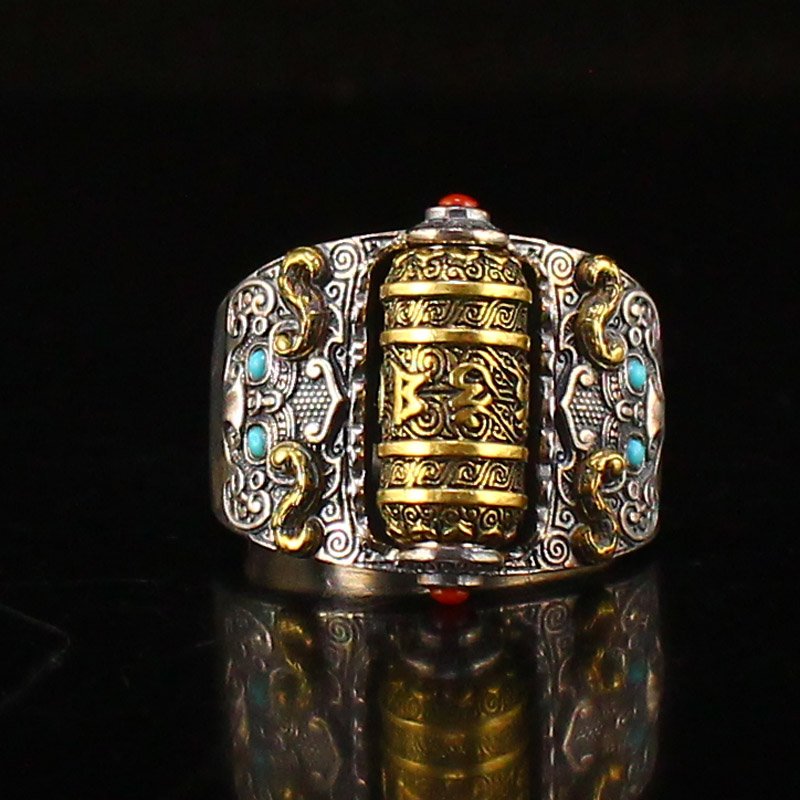 Tibetan Pure Silver Inlay Gems Ring (1 of 7)