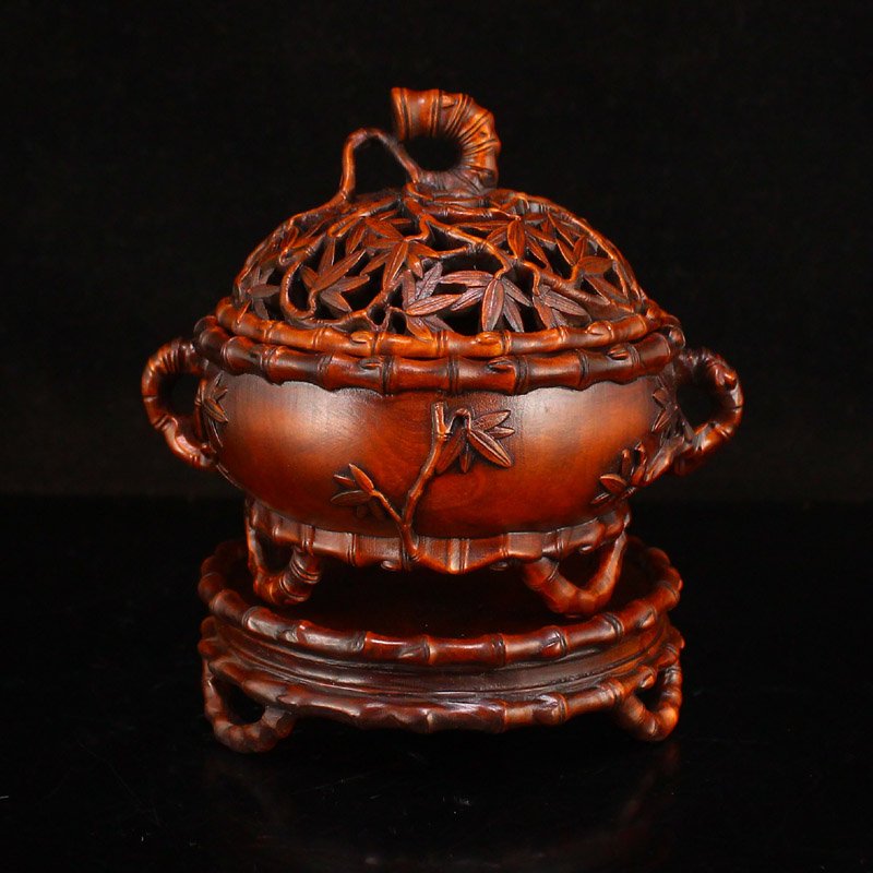 Openwork Chinese Boxwood Wood Carved Bamboo Incense Burner w Base (1 of 8)