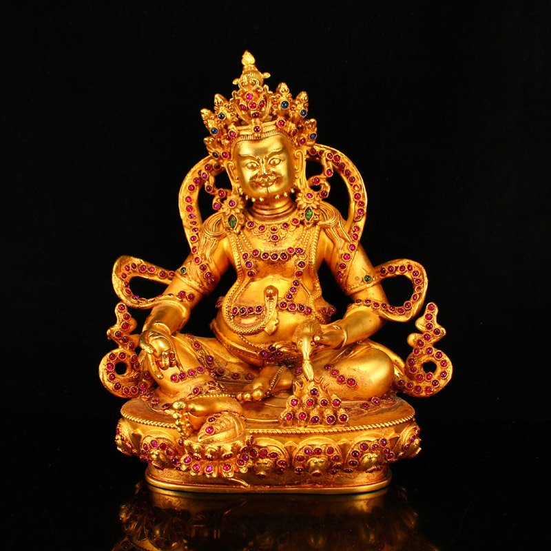 Gilt Gold Red Copper Inlay Gem Yellow Jambhala Statue (1 of 9)