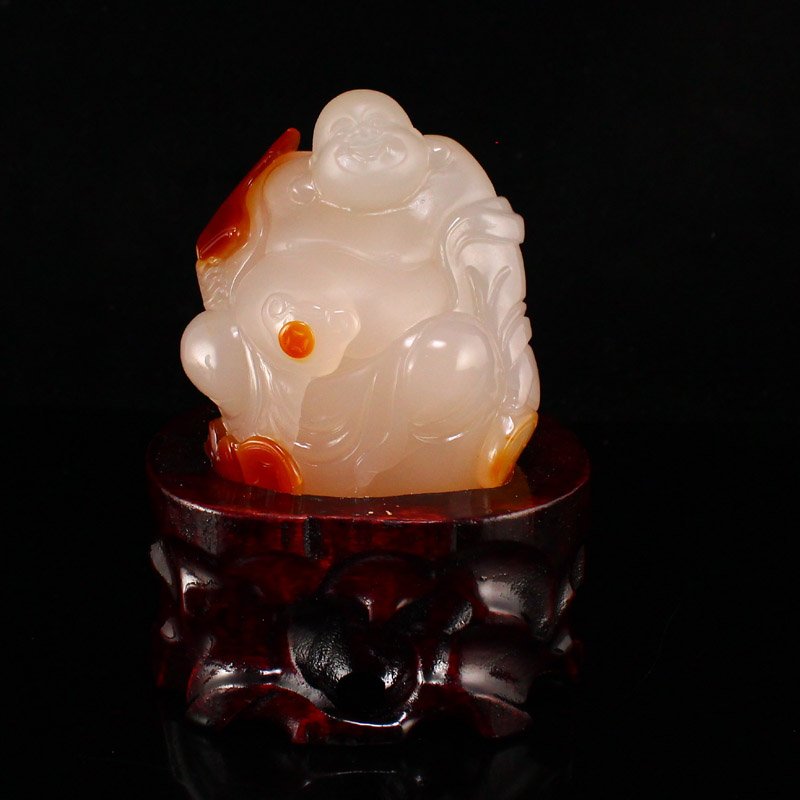 Chinese Agate Carved Laughing Buddha Statue w Certificate (1 of 8)