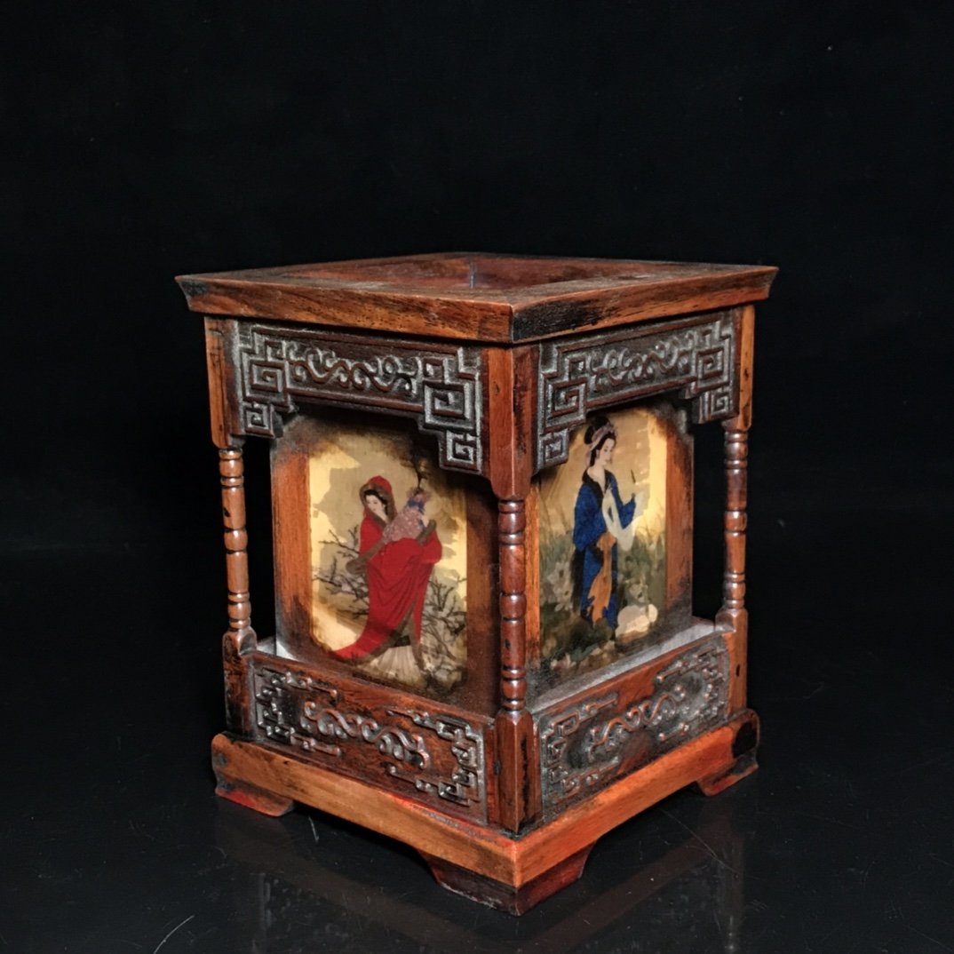 Rosewood Inlay Bone Four Beautiful Woman Brush Pot: Vintage Chinese Rosewood Inlay Bone Four Beautiful Woman Brush Pot Dimension: 115 x 145(mm) 4.53 x 5.71(inches)