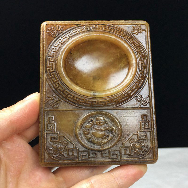 Shoushan Stone Laughing Buddha & Poetic Prose Inkstone (1 of 9)