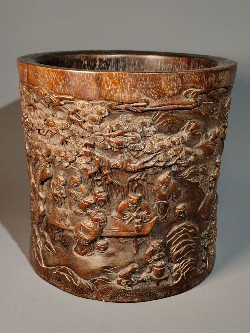 Zitan Wood Pine Tree Figure Design Big Brush Pot (1 of 9)