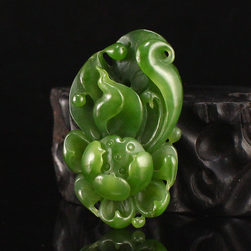 Hand Carved Chinese Green Hetian Jade Lotus Pendant (1 of 6)