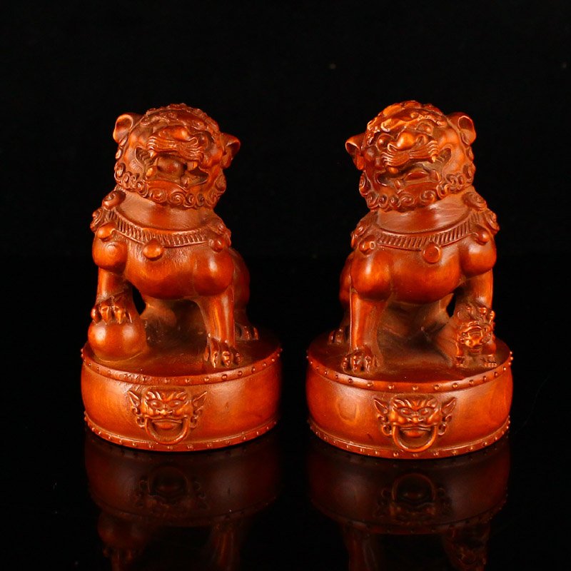 A Pair Vintage Boxwood Carved Lucky Lion Seals (1 of 10)