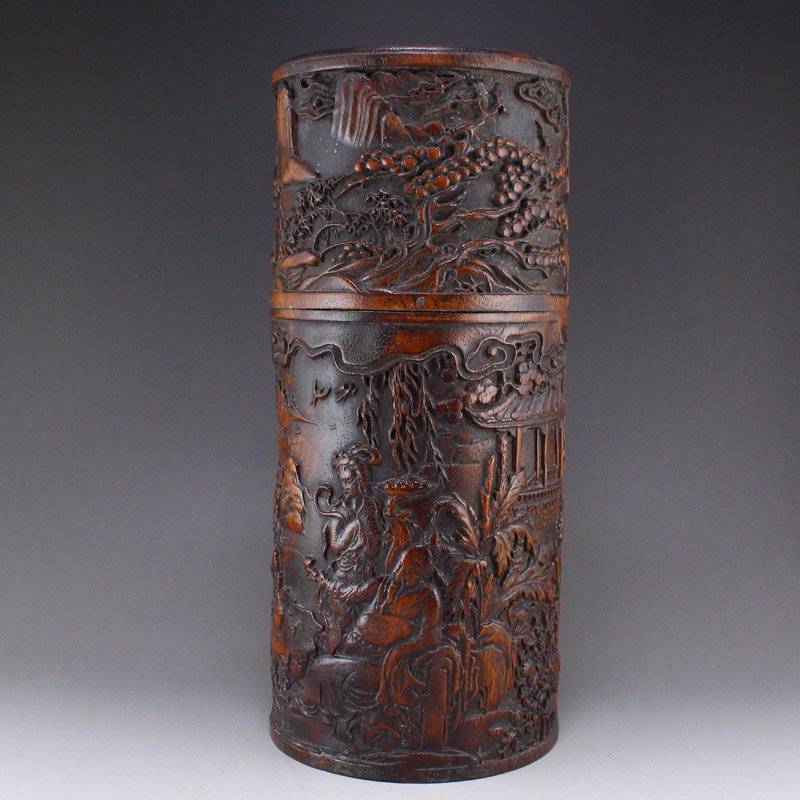 Vintage Chinese Zitan Wood Low Relief Ancient Figure Brush Pot (1 of 9)