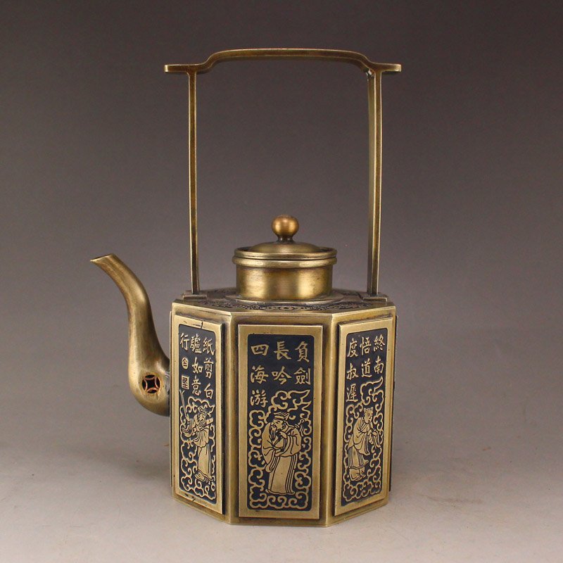 Chinese White Copper Poetic Prose & Figures Handle Teapot (1 of 8)