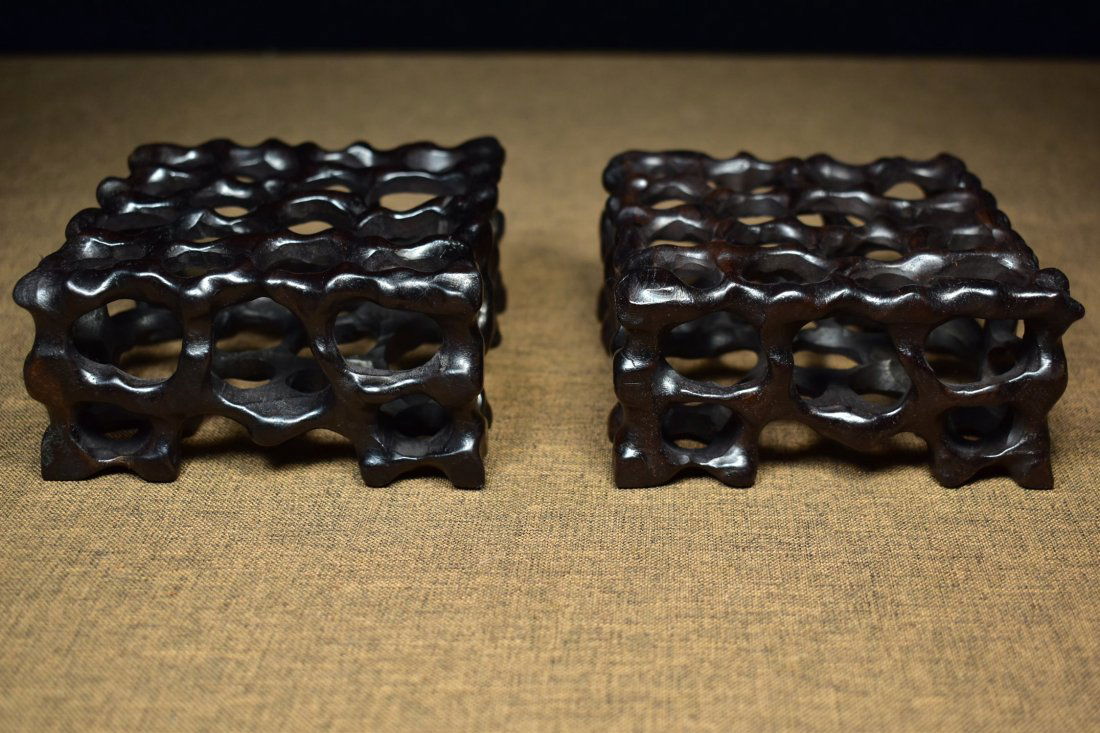 A Pair Openwork Chinese Zitan Wood Square Stand (1 of 9)
