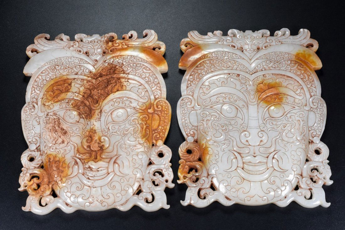 Pair Superb Vintage Chinese Hetian Jade Poetic Prose Mask Statue: A Pair Superb Vintage Chinese Hetian Jade Poetic Prose Mask Statue Dimension: 140 x 15 x 170(mm) 5.51 x 0.59 x 6.69(inches) Weight: 2.75 lbs/1248 g
