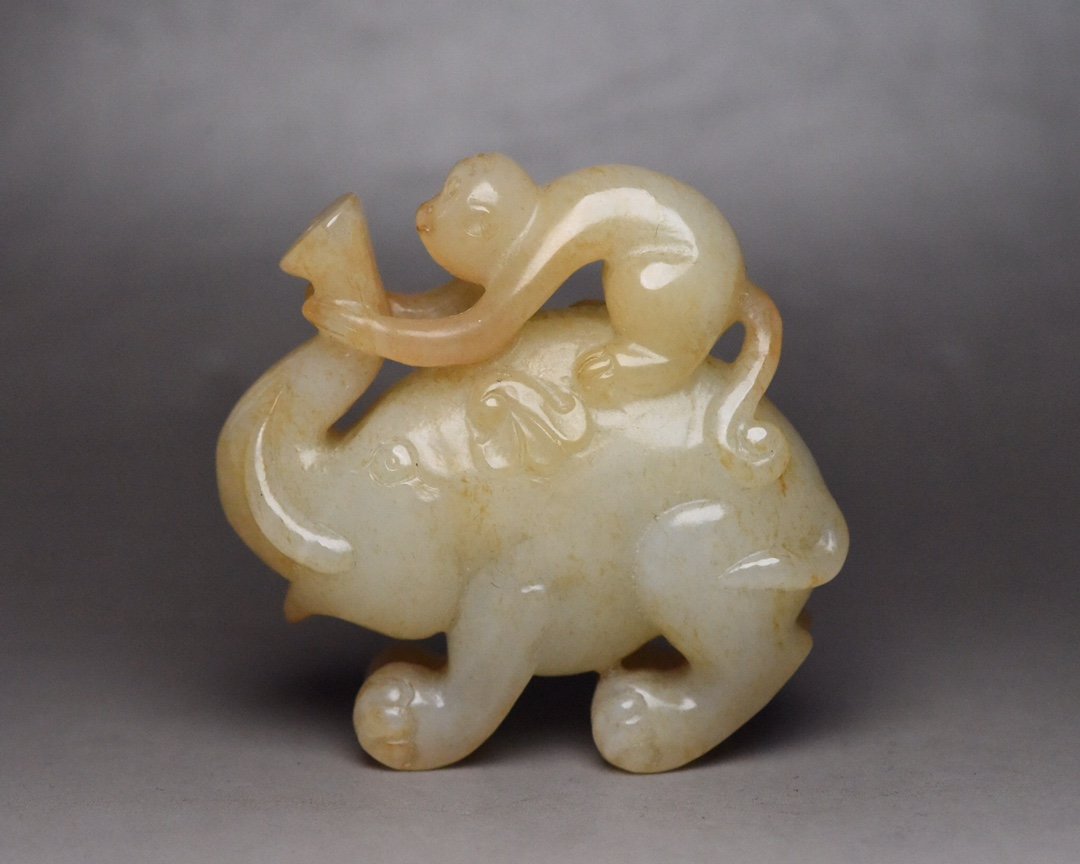 Vintage Chinese Hetian Jade Elephant & Monkey Pendant (1 of 9)