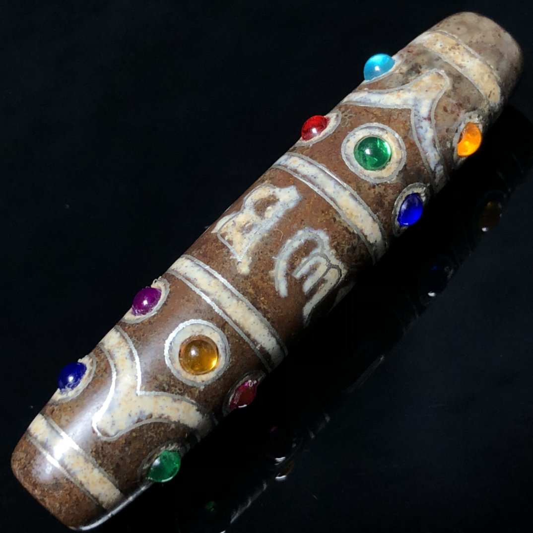 Vintage Tibetan DZI Agate Inlay Silver Wires & Gems Pendant (1 of 8)