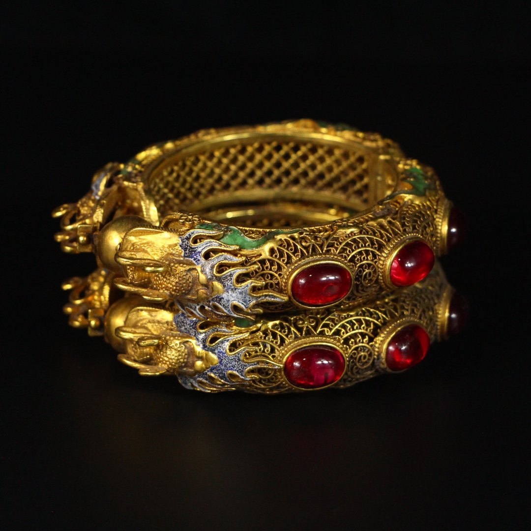 A Pair Vintage Chinese Gold Wire Enamel Inlay Gems Double Dragon Bracelet (1 of 9)