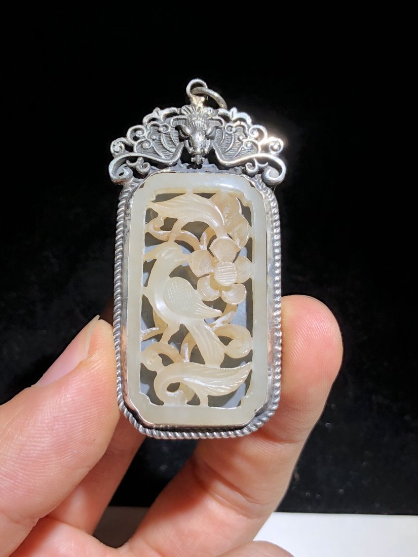 Vintage Pure Silver Inlay Hetian Jade Magpie & Plum Flower Pendant (1 of 9)