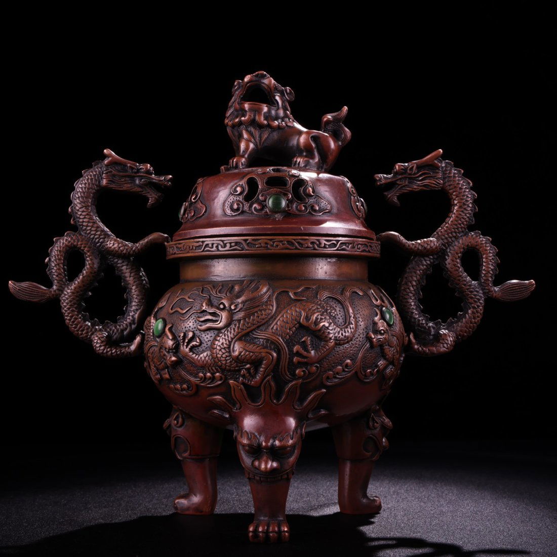 Vintage Chinese Red Copper Inlay Gem Double Dragon Ears Incense Burner (1 of 9)