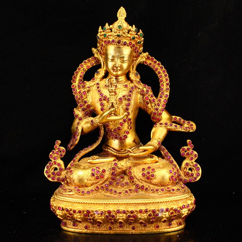 Tibetan Buddhism Gilt Gold Red Copper Inlay Ruby Kwan-Yin Statue (1 of 9)