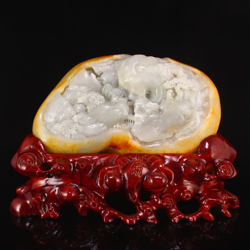 Natural Hetian Jade Pine Tree & Figure Statue w Certificate (1 of 9)