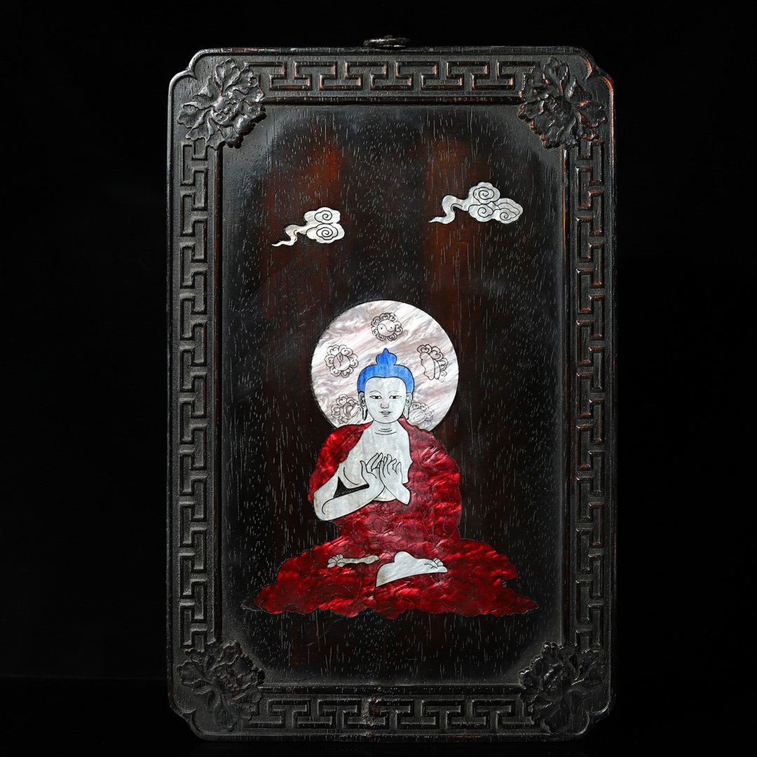 Chinese Hainan Huali Wood Inlay Shell Siddhartha Buddha Tangka (1 of 9)