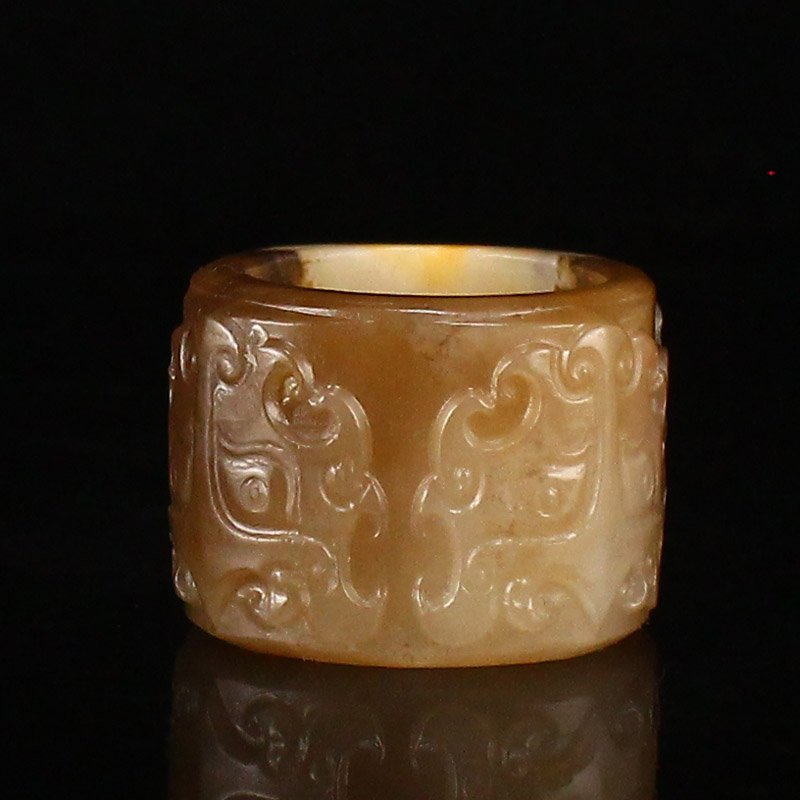 Hand Carved Chinese Hetian Jade Low Relief Thumb Ring w Certificate (1 of 7)