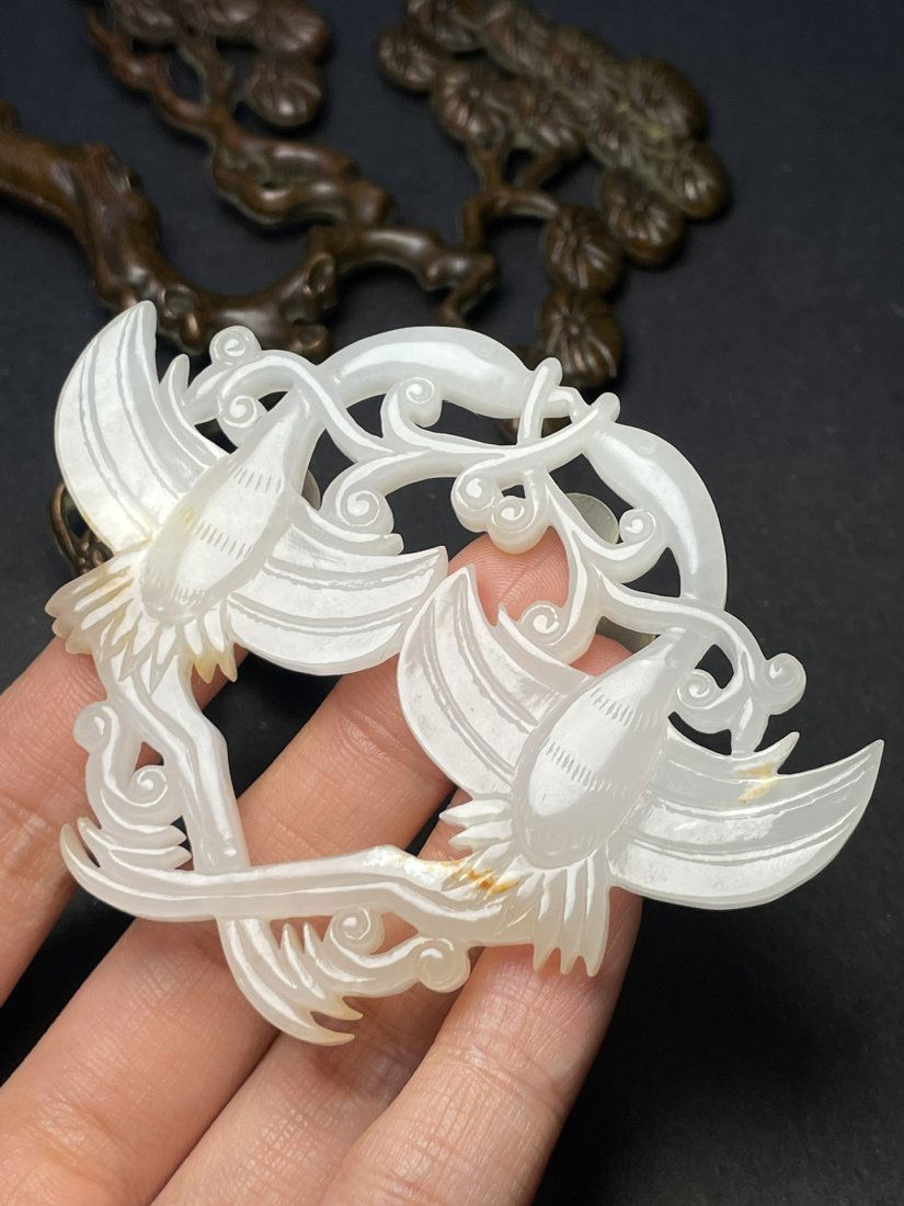 Vintage Chinese Hetian Jade Double Phoenix Pendant (1 of 9)