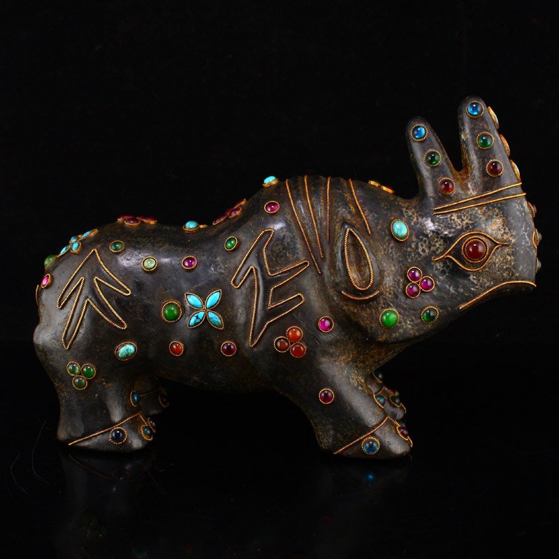 Vintage Black Meteorolite Inlay Gem Rhinoceros Statue (1 of 8)