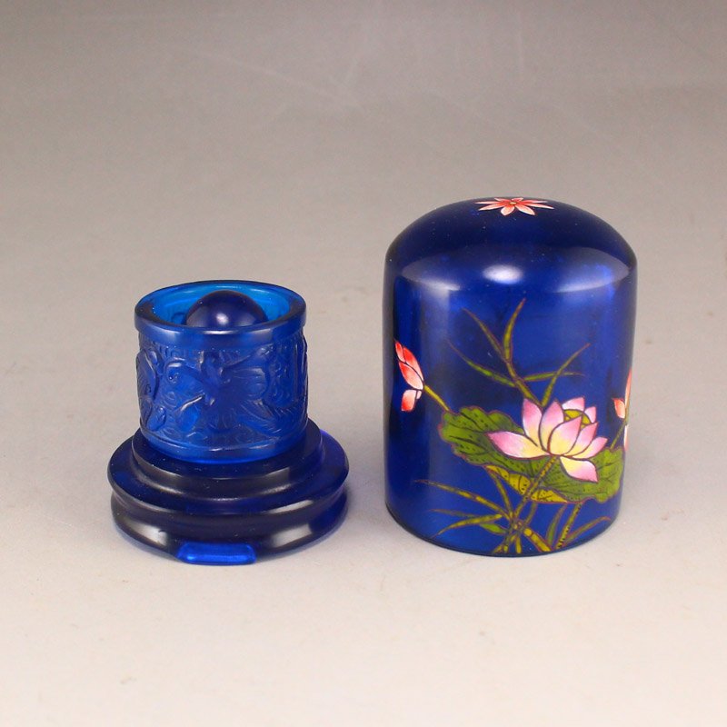 Vintage Chinese Blue Peking Glass Thumb Ring w Box (1 of 9)