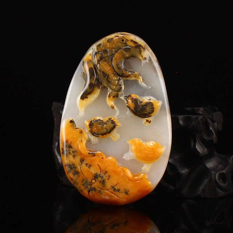 Xinjiang Hetian Zi Jade Lotus Leaf & Chick Pendant (1 of 7)