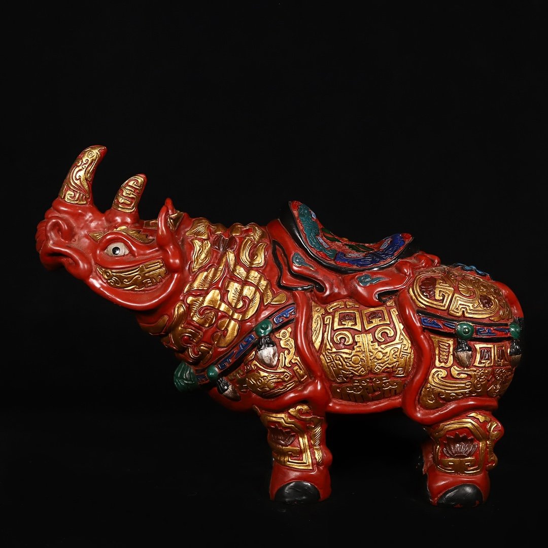 Vintage Chinese Gilt Gold Red Lacquerware Rhinoceros Statue (1 of 9)