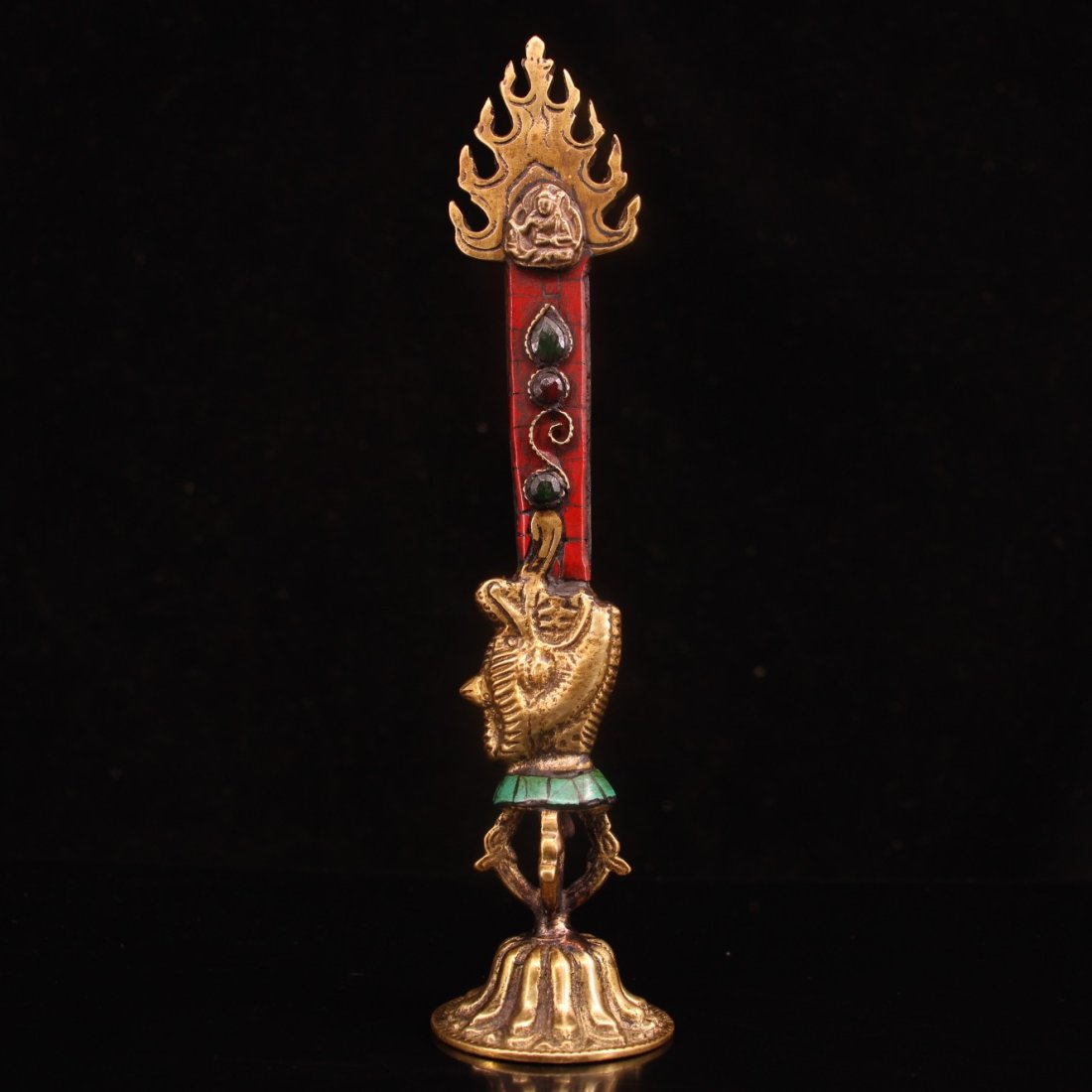Tibetan Buddhism Red Copper Inlay Turquoise & Gem Dharma-Vessel: Tibetan Buddhism Red Copper Inlay Turquoise & Gem Dharma-Vessel Dimension: 220 x 45(mm) 8.66 x 1.77(inches) Weight 0.59 lbs/270 g
