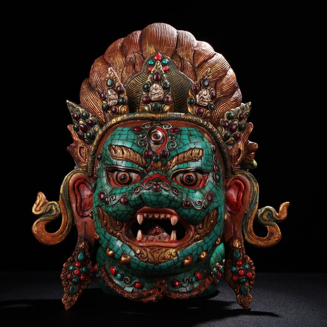 Tibetan Buddhism Gilt Gold Red Copper Inlay Turquoise & Gem Jinmahakar Mask / Wall Hanging (1 of 8)