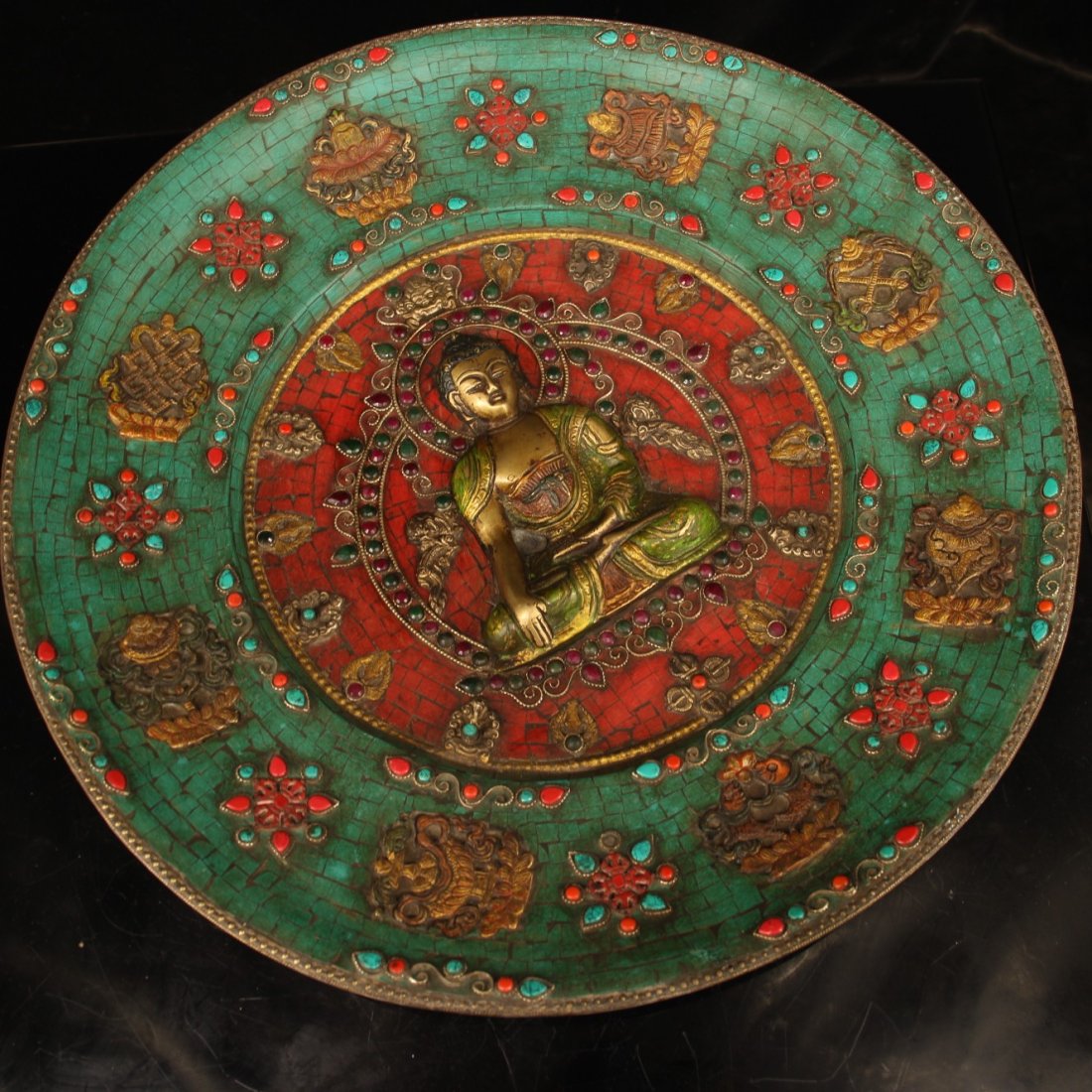 Gilt Gold Red Copper Inlay Gem & Turquoise Sakyamuni Buddha Tangka (1 of 9)