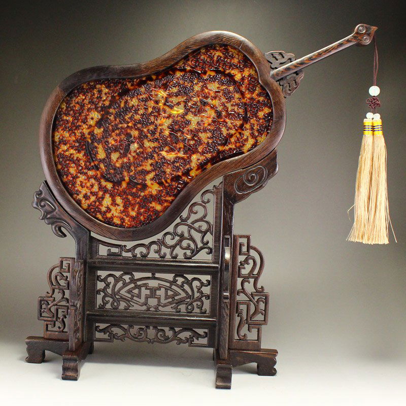 Exquisite Zitan Wood Inlay Tortoiseshell Palm-leaf Fan Shape Screen w Shelf (1 of 7)