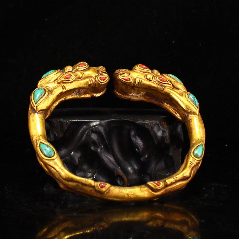 Beautiful Chinese Gilt Gold Red Copper Inlay Gem Dragon Head Arm Bracelet (1 of 9)