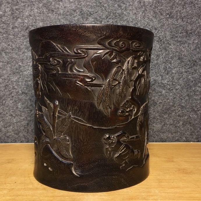 Vintage Chinese Zitan Wood Low Relief Figure Design Brush Pot (1 of 9)